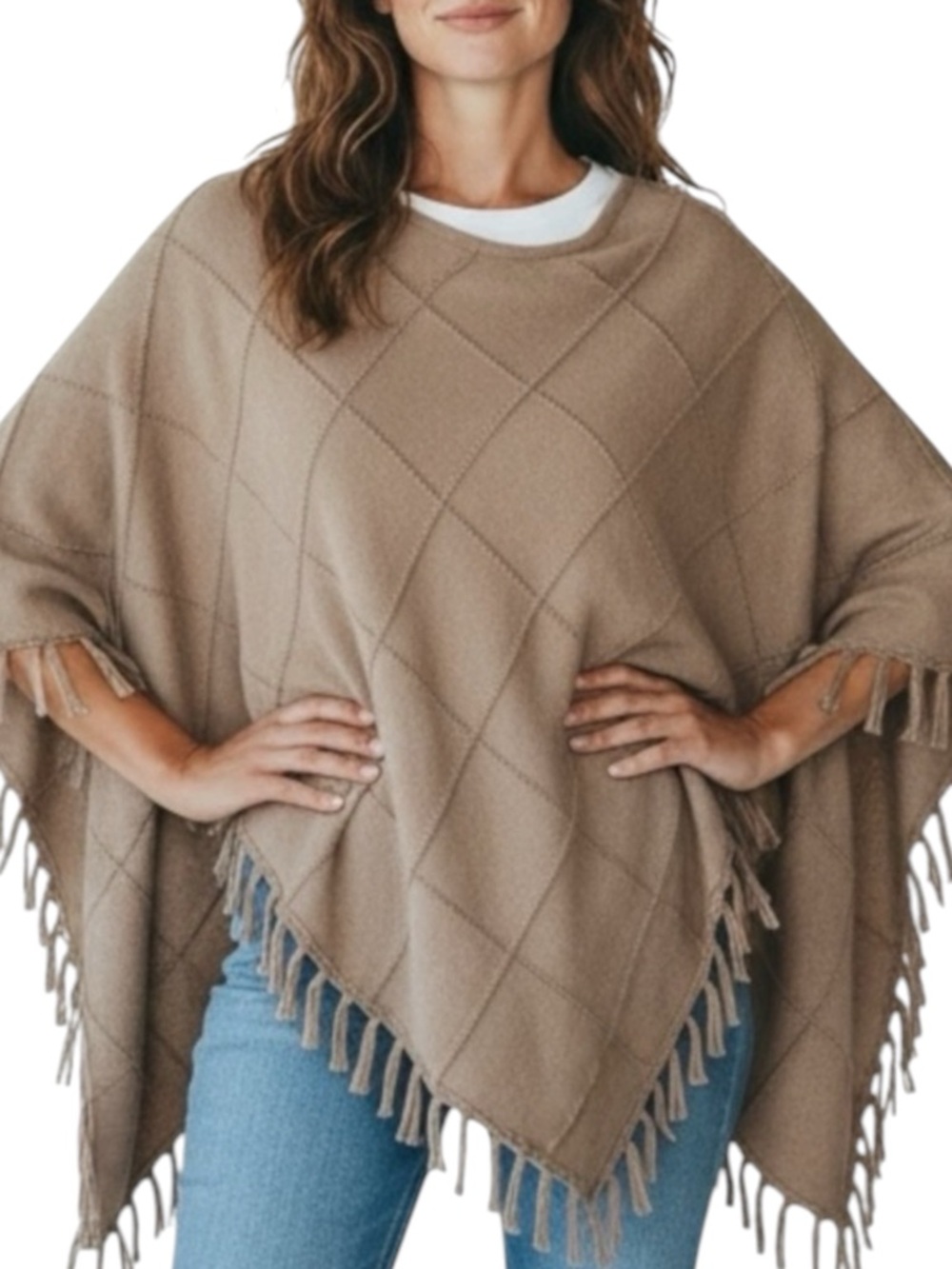 CHICO's Textured Knit Poncho with Fringe in Mocha Size S/M -- Summer Weight